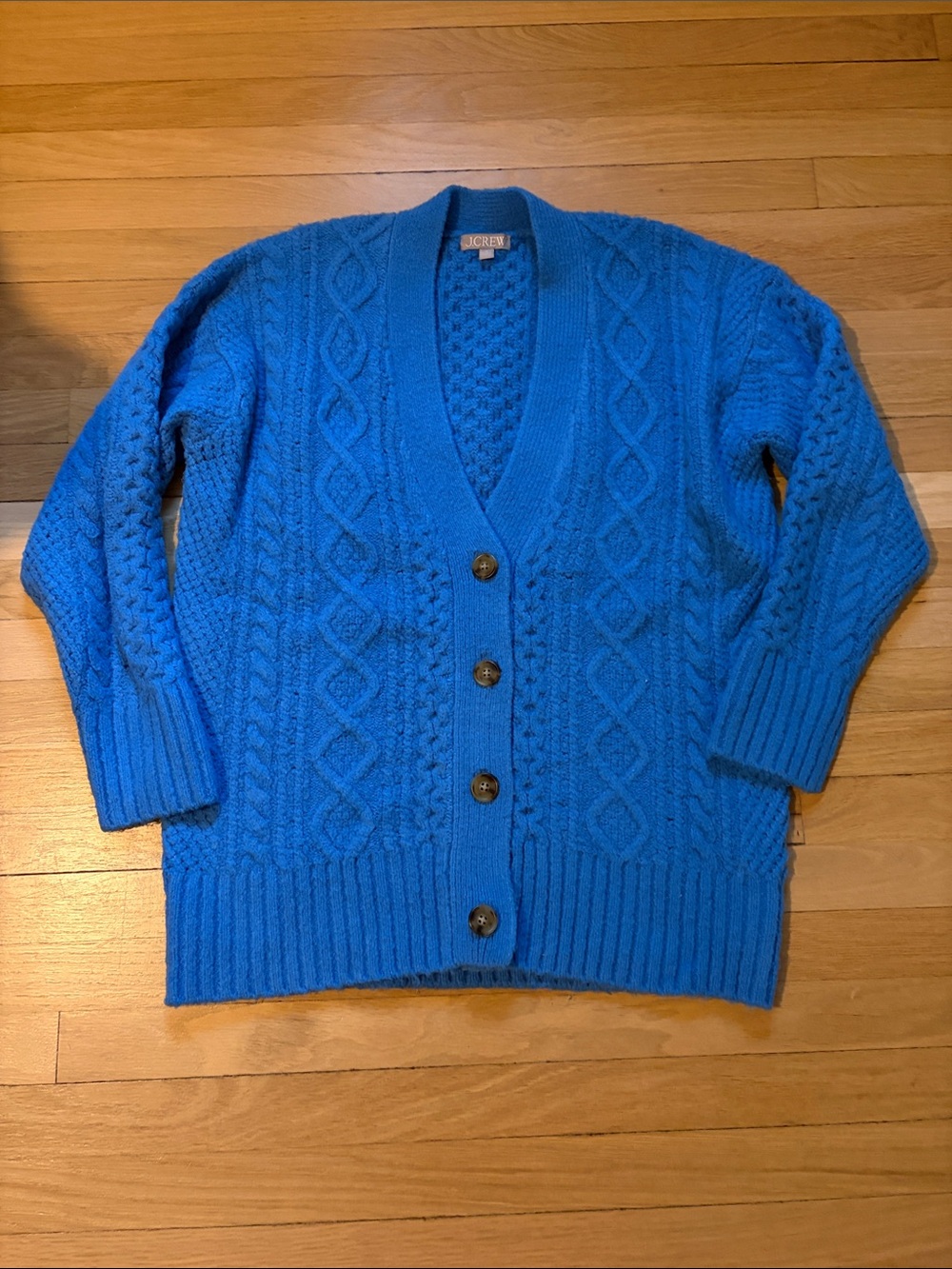 J. Crew Bright Blue Cable Knit Button Oversized Cardigan